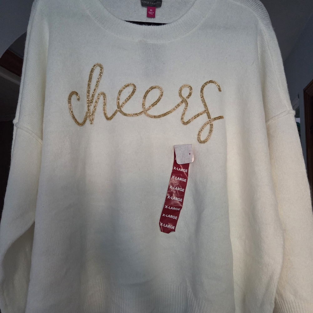 Women's Cream Sweater with Gold 'Cheers' Embroidery